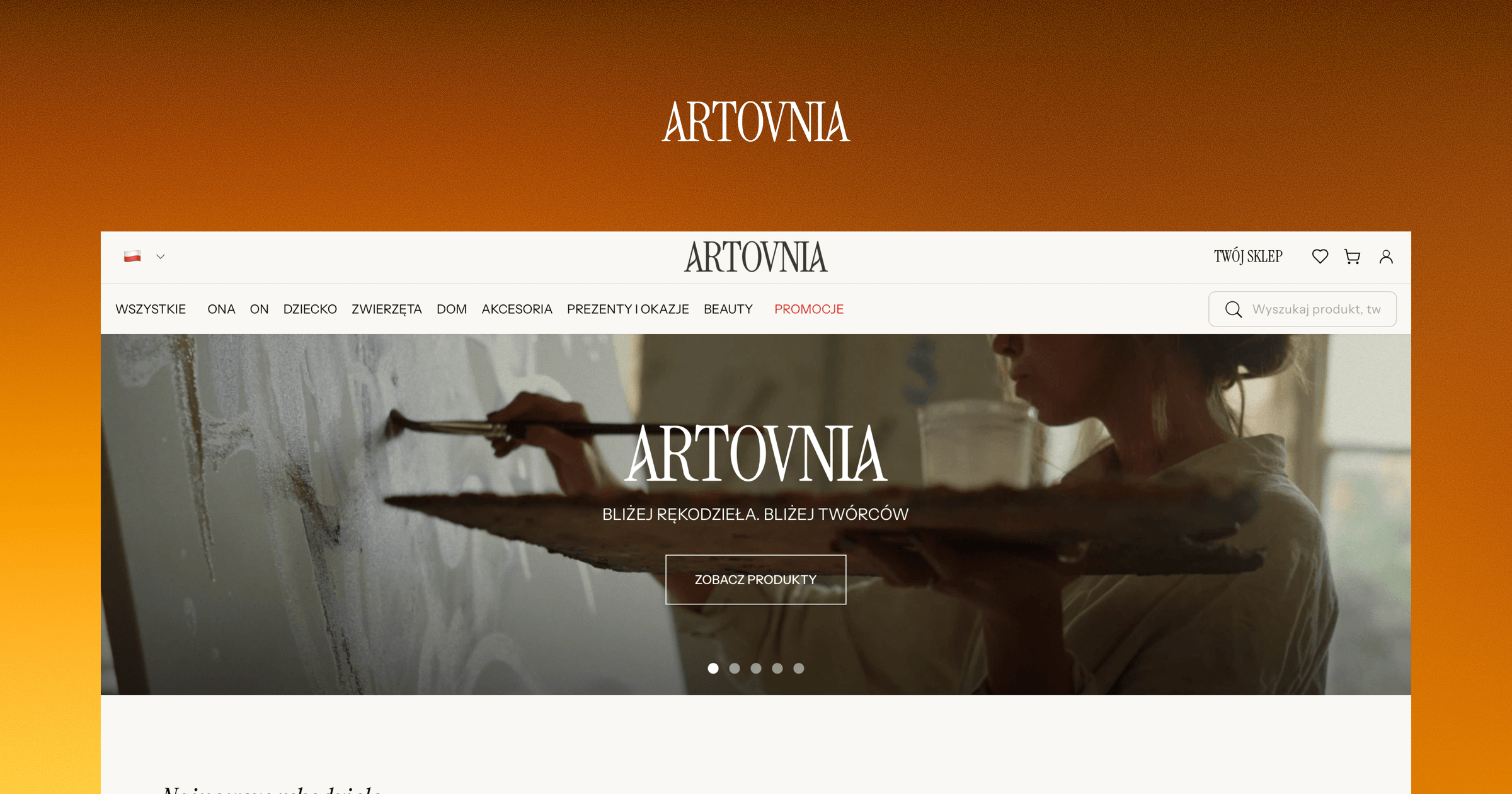 ARTOVNIA logo above the marketplace homepage, showing an artist at work and a category menu for handmade goods.