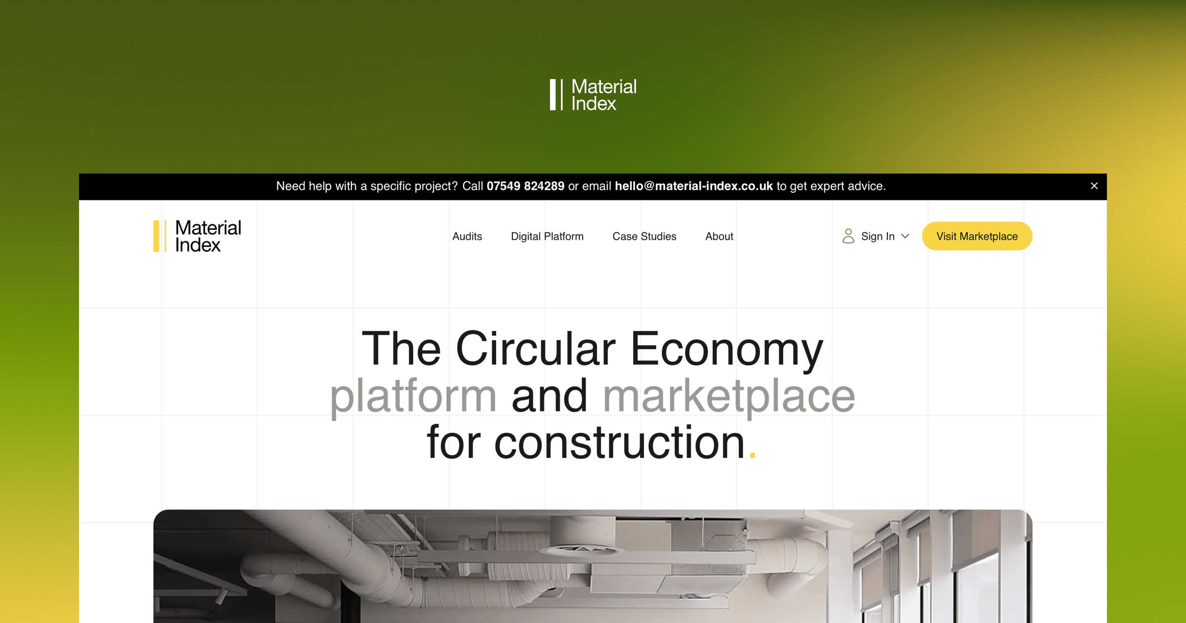 Material Index logo above the marketplace homepage, headed "The Circular Economy platform and marketplace for construction".