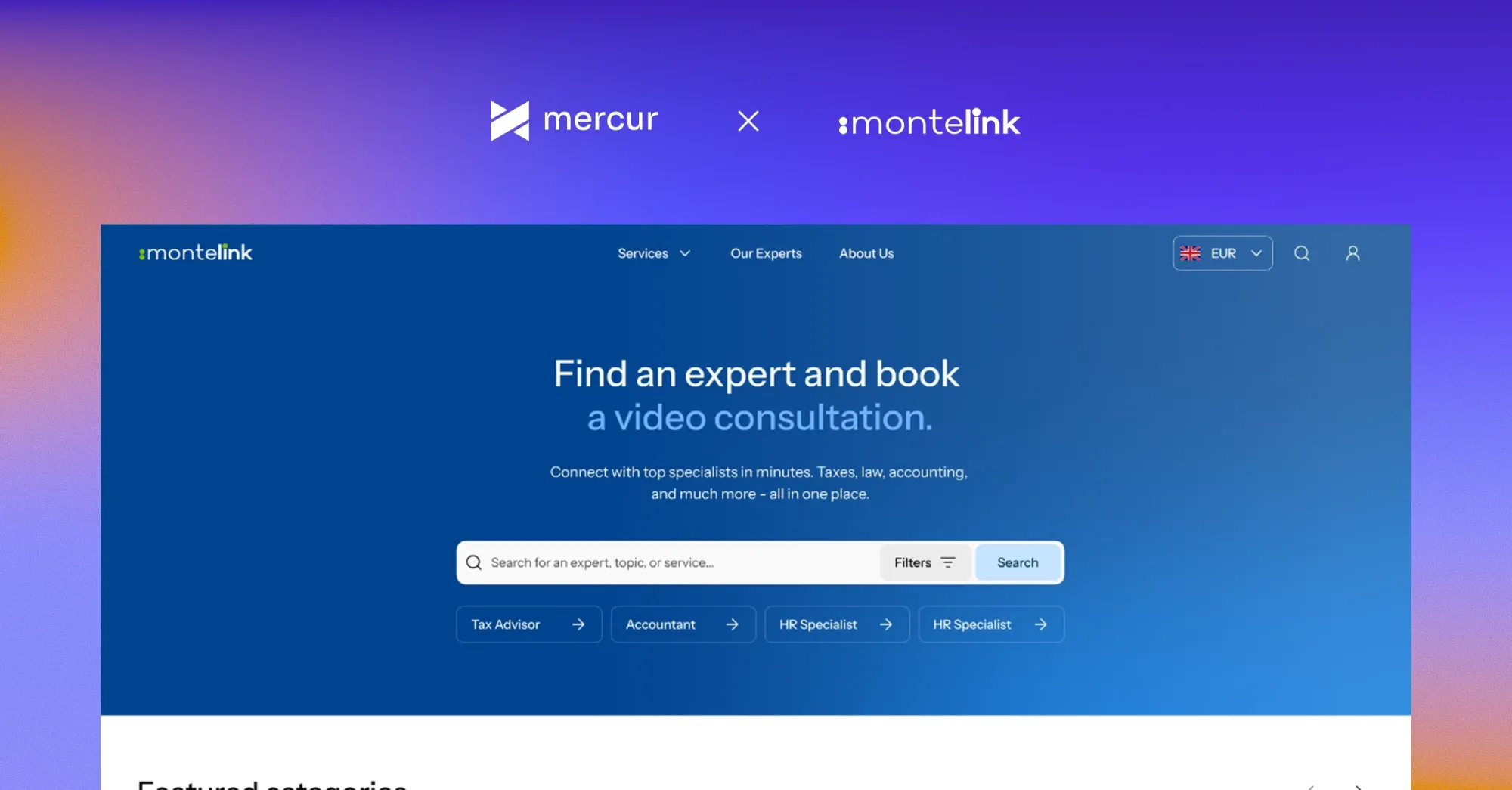 Mercur and Montelink lockup above the Montelink marketplace homepage