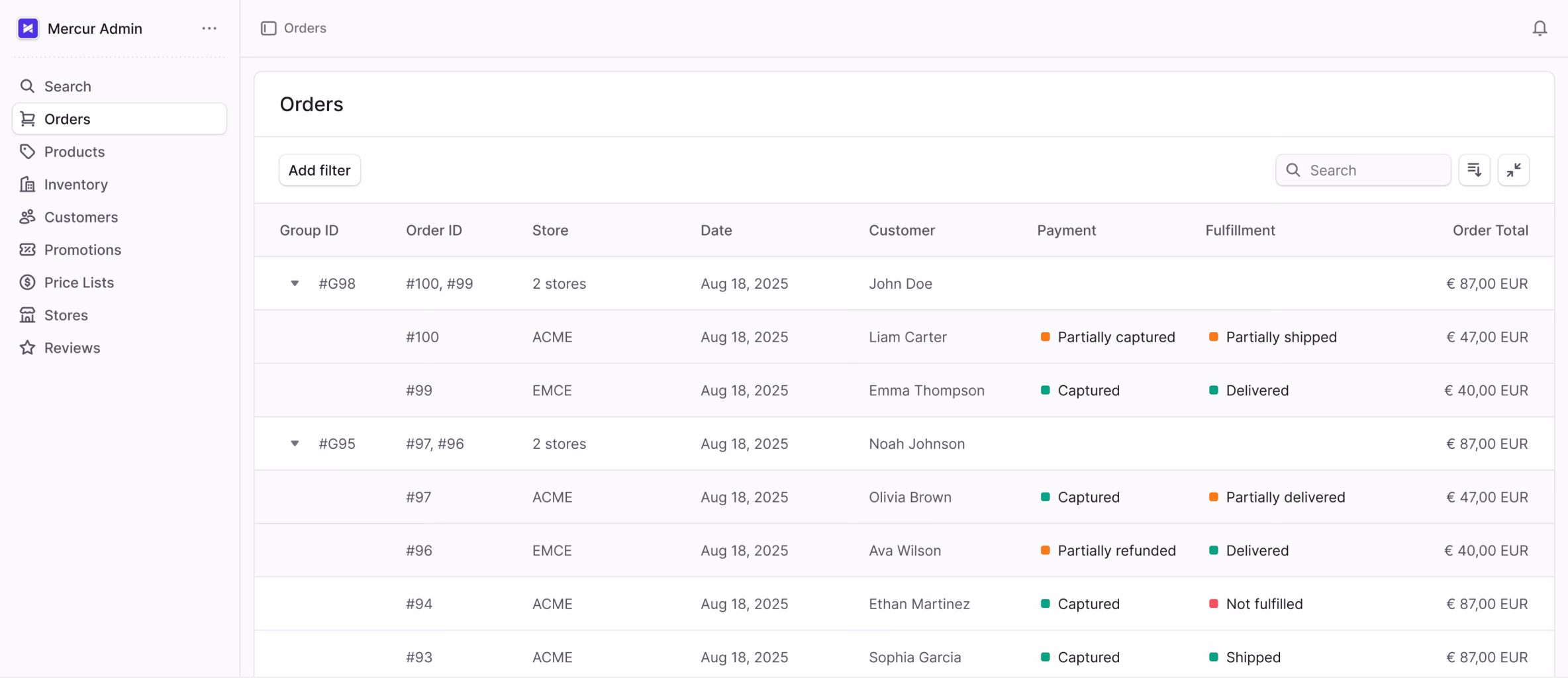 Mercur admin: a multi-vendor order split into per-vendor orders from one customer payment