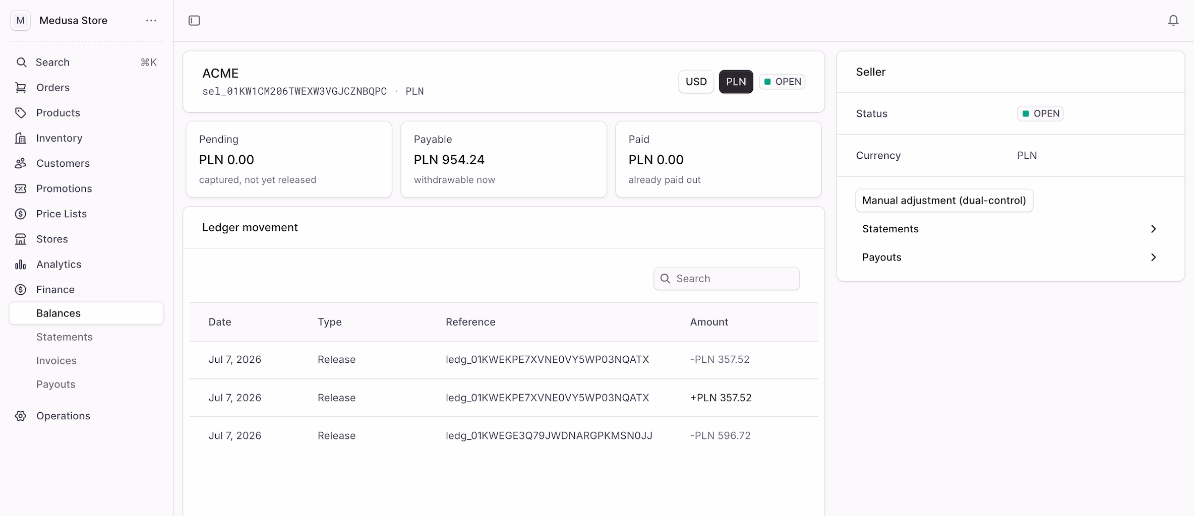 Mercur Enterprise admin: a per-vendor settlement ledger – pending, payable and paid balances reconciling to statements, invoices and payouts