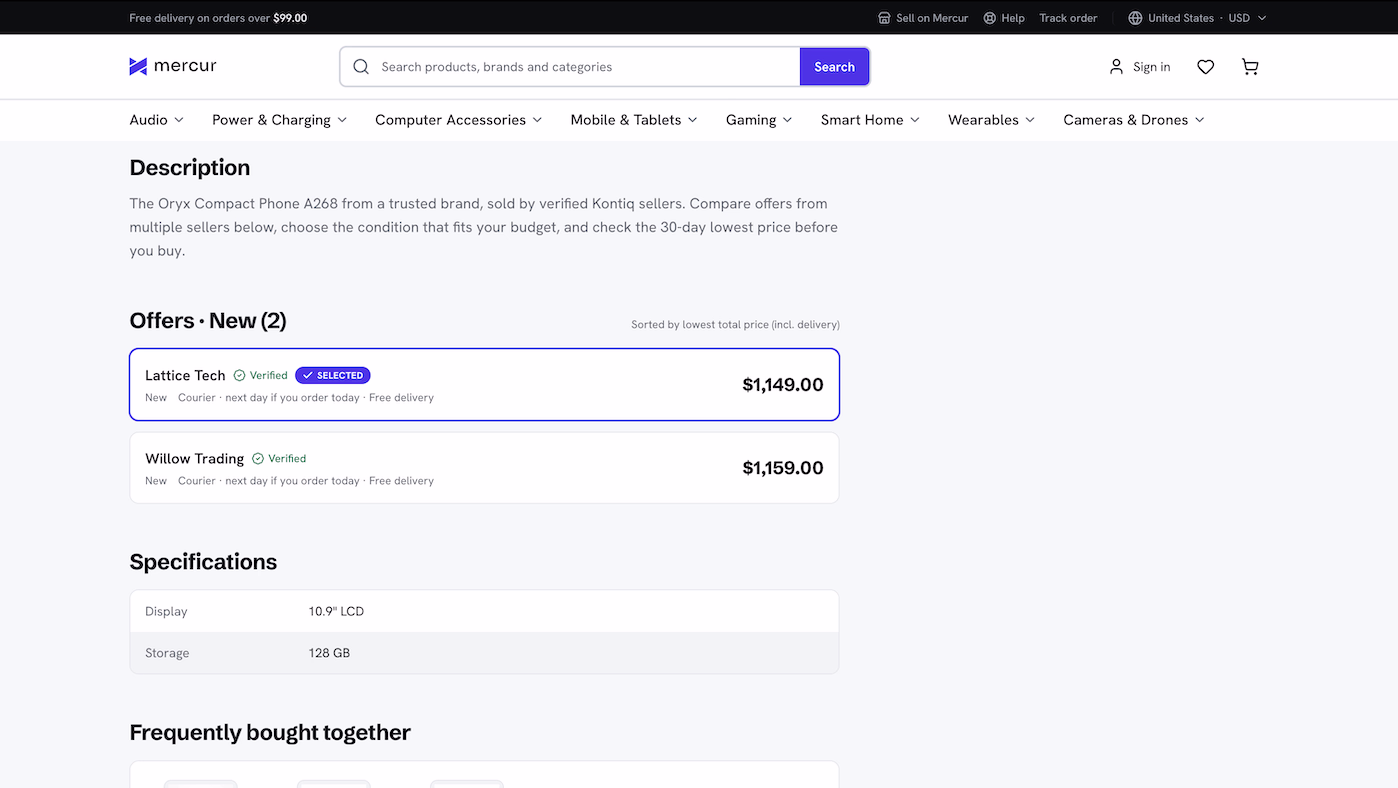 A storefront product page: two verified vendors offering the same phone, sorted by lowest total price including delivery, with the winning offer selected
