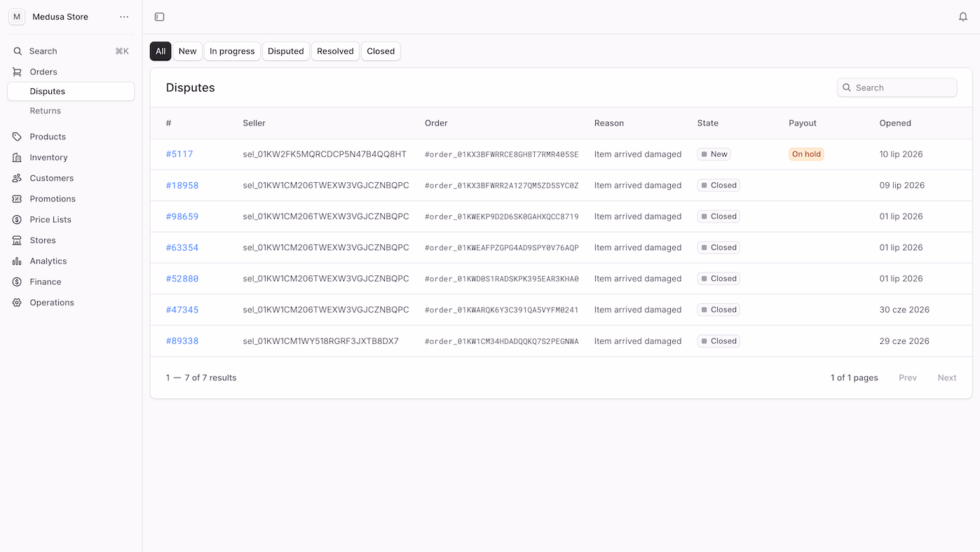 The admin dispute list: each dispute carries its seller, order, reason and state, and the one still open holds the vendor payout