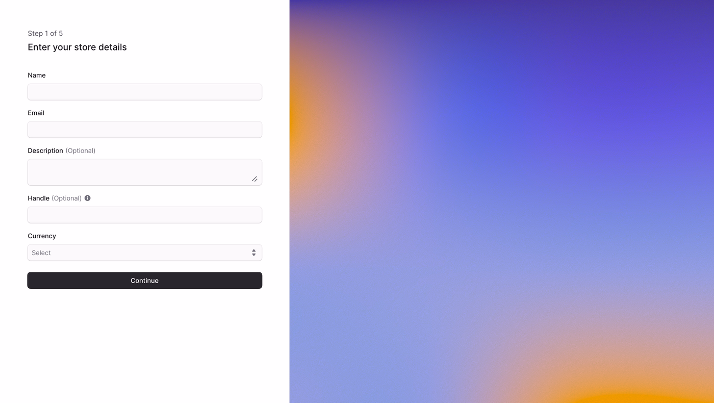 Vendor onboarding in the Mercur admin: step 1 of 5, the store details form