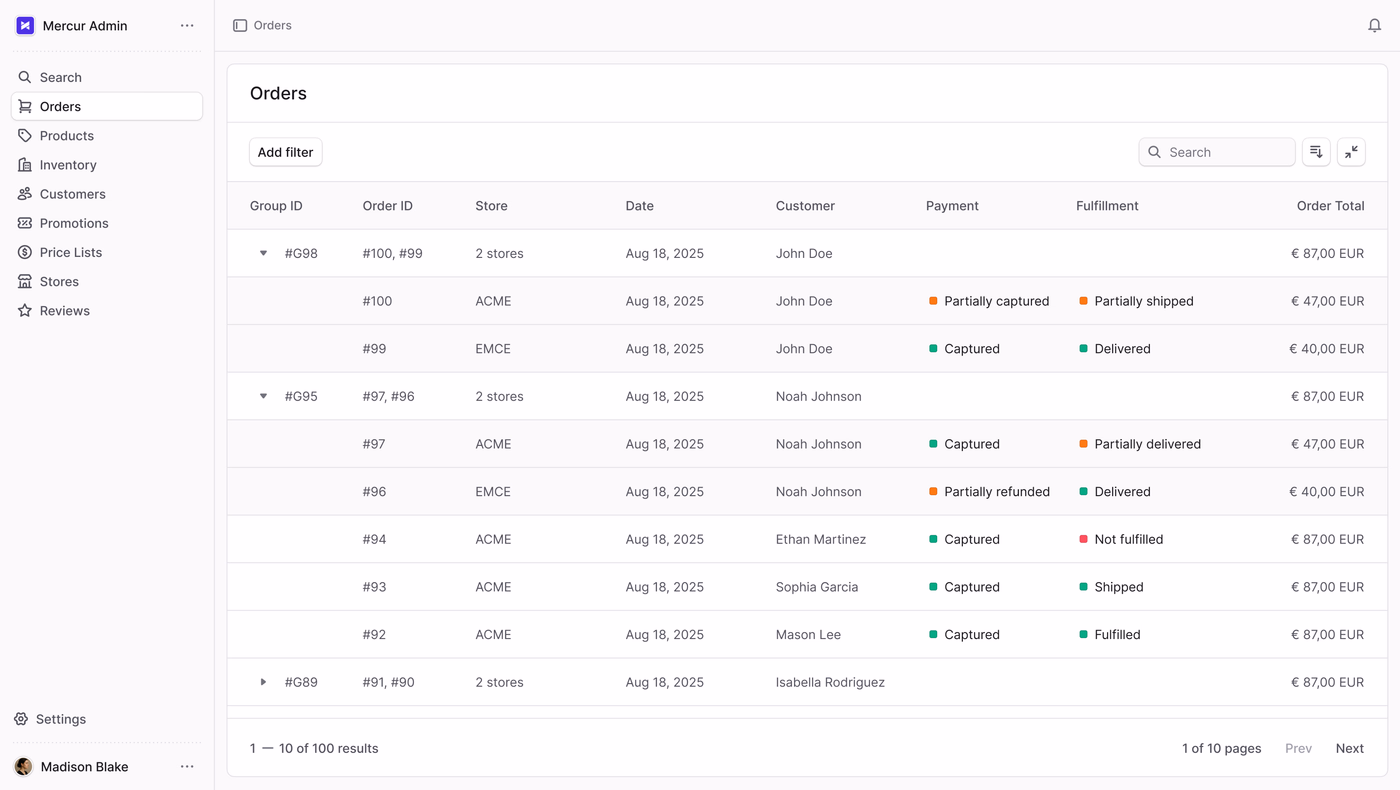The admin orders list: one customer order grouped by Group ID, split across two stores with their own payment and fulfilment status