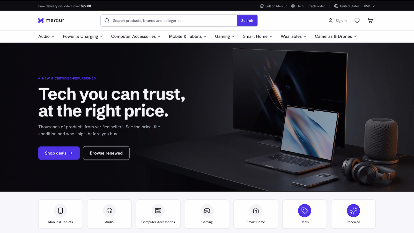 The demo storefront home: search, a category bar across electronics, and a hero for new and certified-refurbished tech