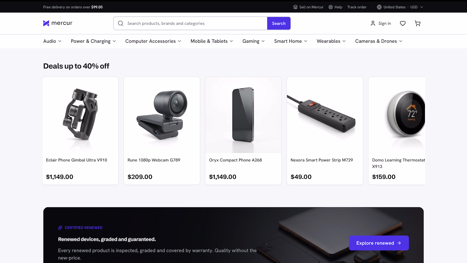 A deals row across the catalog – gimbal, webcam, phone, power strip, thermostat – each with its price, above a certified-renewed banner