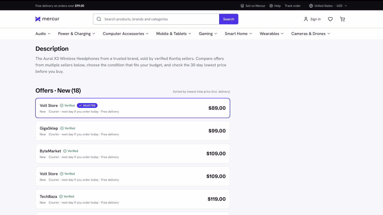 A product page listing eighteen new offers from verified sellers, sorted by lowest total price including delivery, with the winner selected
