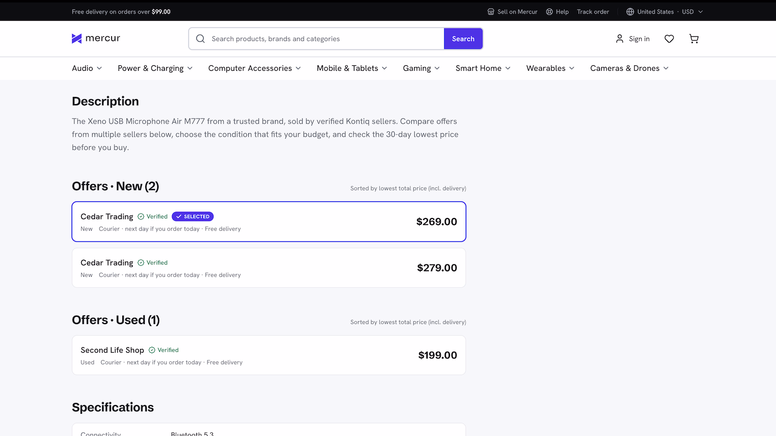 One product carrying both new and used offers in separate groups, each priced and sold by a verified seller