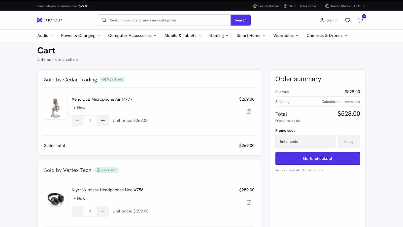 A cart holding two items from two sellers, each with its own seller total, under a single order summary and one checkout