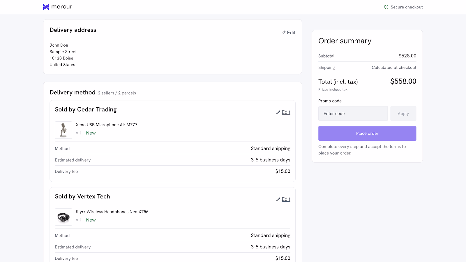 Checkout for two sellers and two parcels: a delivery method, estimated delivery and delivery fee per seller, resolving into one order total
