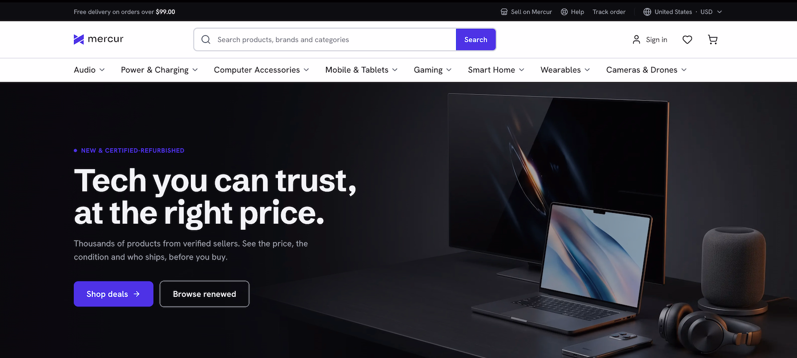 The live demo: the storefront home of an electronics marketplace, with search, category navigation and the hero offering new and certified-refurbished tech