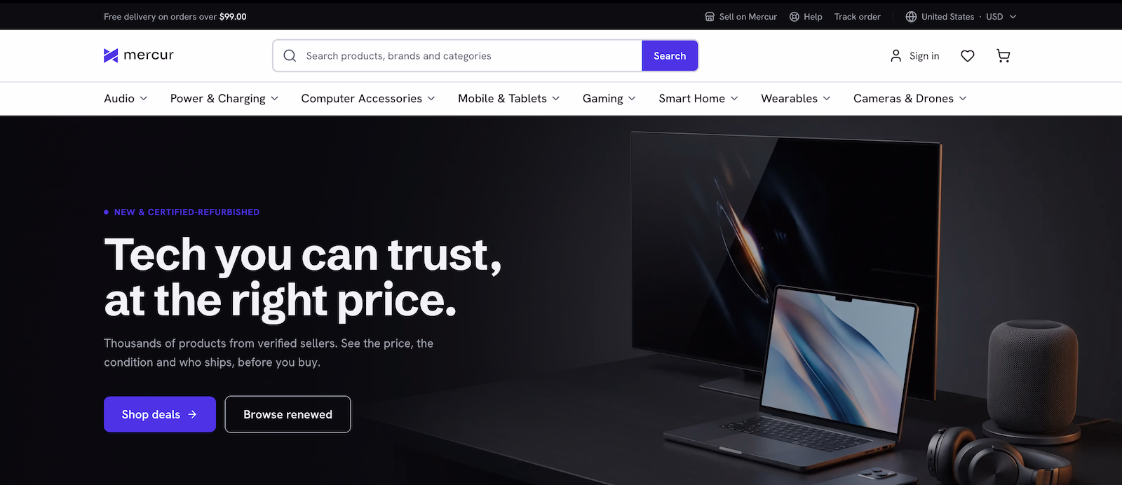 The live demo: the storefront home of a standalone electronics marketplace, with search, category navigation and the hero offering new and certified-refurbished tech